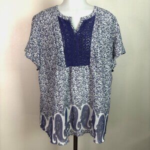 Como Vintage Top Large Purple‎ White Paisley Floral Short Sleeve Blouse Women's